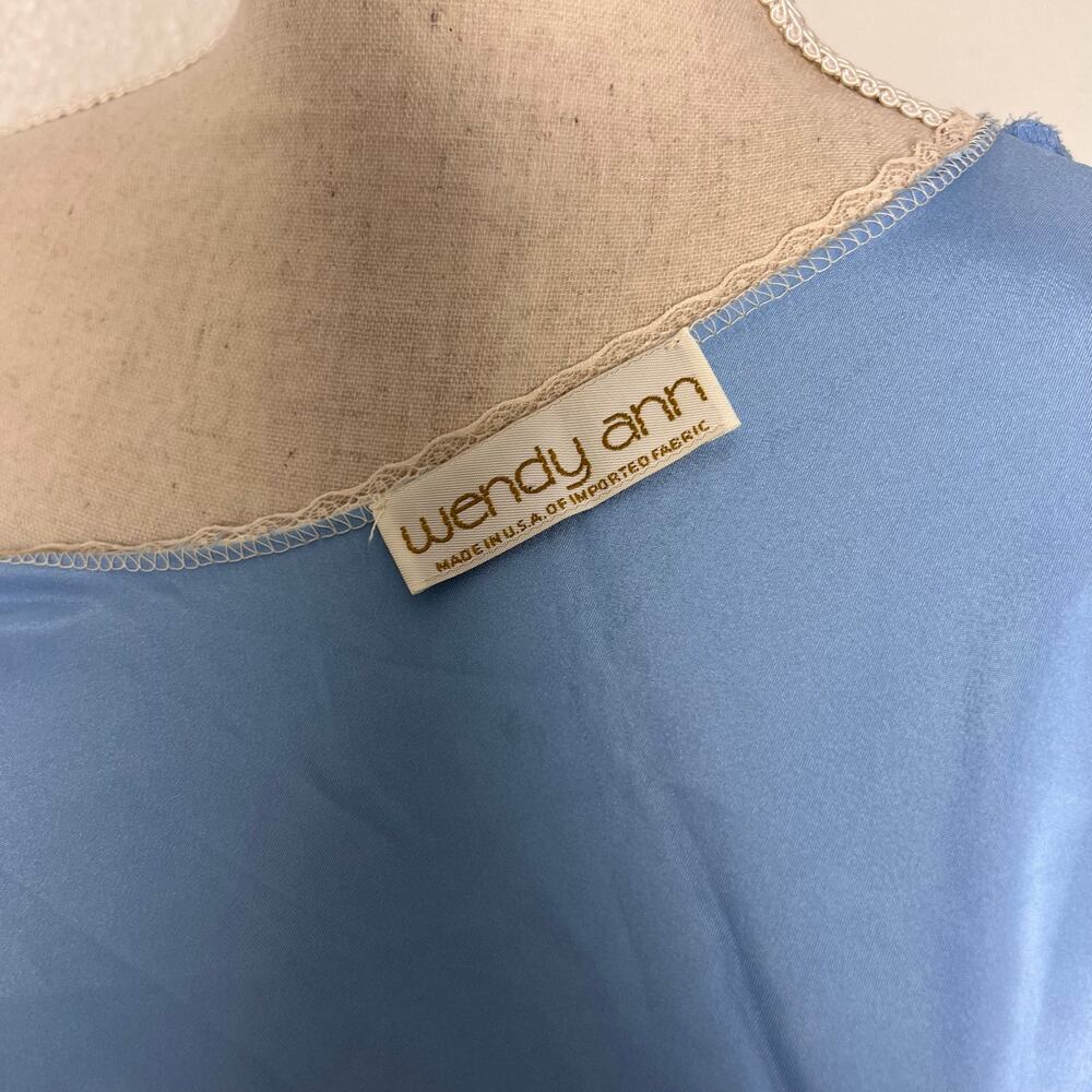 Vintage Wendy Ann Blue Satin Lace Trim Robe Kimono Wrap Dress Loungewear Large - Picture 7 of 8